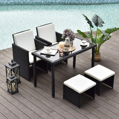 Outsunny Set Mobila de Gradina Rattan 5 Buc Masa 2 Scaune 2 Taburet cu Perne Combinate Rectangulare, Negru foto