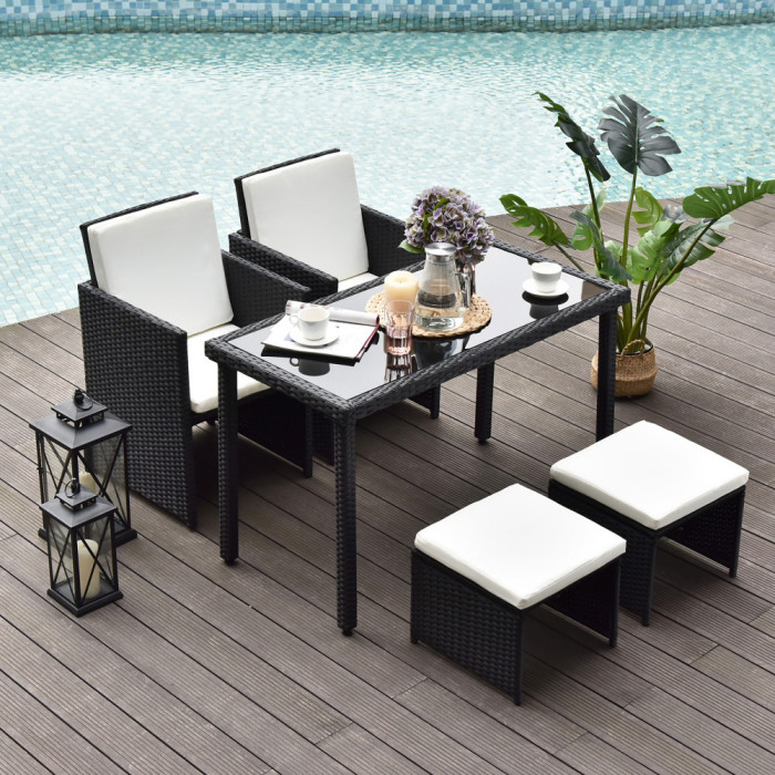 Outsunny Set Mobila de Gradina Rattan 5 Buc Masa 2 Scaune 2 Taburet cu Perne Combinate Rectangulare, Negru