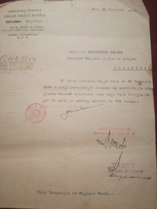 1929 Directiunea CFR, Teodor Simionescu, impeg. misc., Comănești, Gral Cristescu