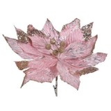 Floare decorativa de Craciun, catifelata, roz cu glitter si paiete, cu clips, 29 cm, CMCLASS