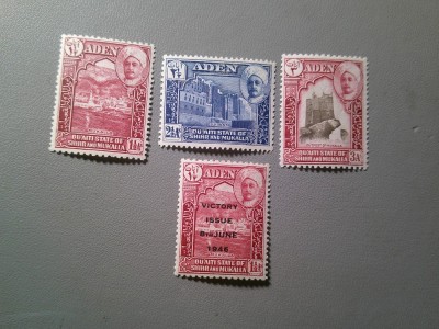 Serie mica ADEN Shihr &amp;amp; Mukalla 1942 Sultan Hussein , + Timbru 1946 supratipar Victory, 3+1 valori foto