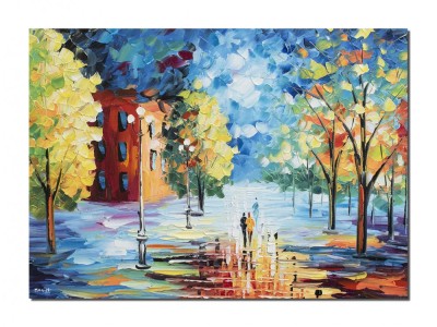 Tablou pictat manual, O seara magica in doi, stilizat, 70x50cm ulei pe panza in cutit, efect 3D foto
