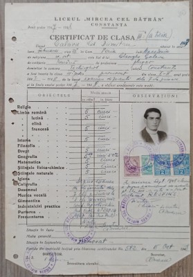 Certificat de clasa Liceul Mircea Cel Batran Constanta 1948 foto