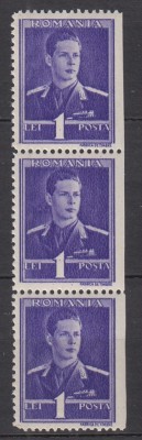 ROMANIA 1943/1945 LP 153 REGELE MIHAI I FILIGRAN CC EROARE NEDANTELAT VERTICAL 1 LEU VIOLET STRAIF 3 TIMBRE STARE MNH foto