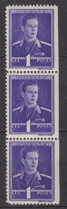 ROMANIA 1943/1945 LP 153 REGELE MIHAI I FILIGRAN CC EROARE NEDANTELAT VERTICAL 1 LEU VIOLET STRAIF 3 TIMBRE STARE MNH