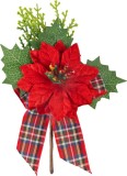 Vetvička MagicHome Vianoce, s kvetom poinsettia a stuhou, červen&aacute;, 17 cm