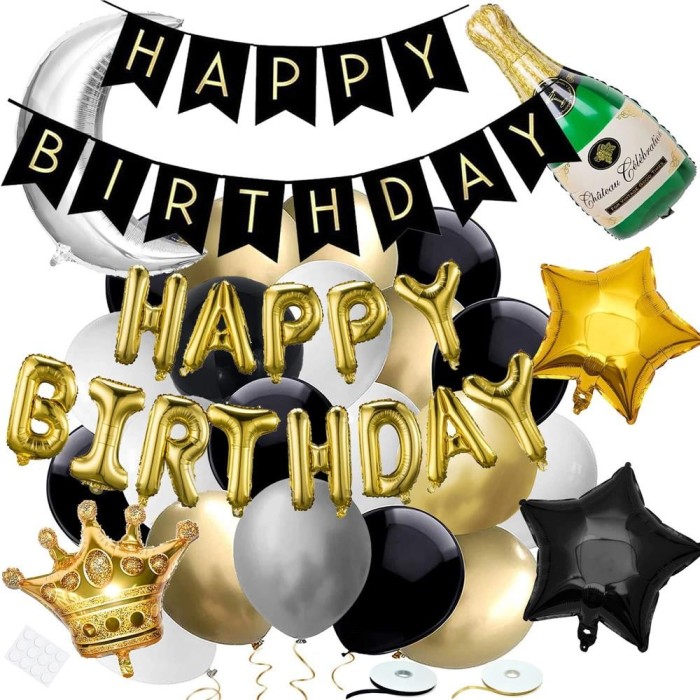 Set 53 baloane si decoratiuni, Happy Birthday, argintiu, negru, auriu Household NewTrend