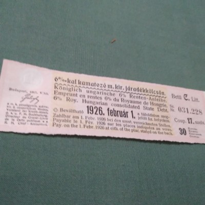 CUPOANE DE TREZORERIE CU REDUCERE 1926 UNGARIA foto