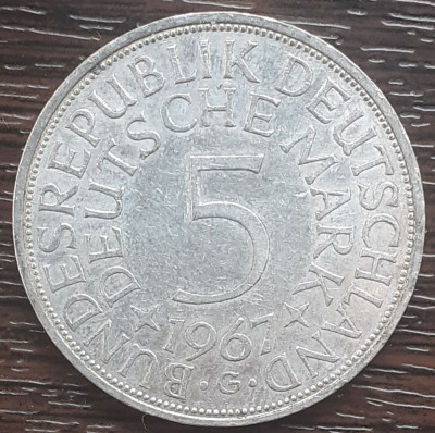 (A865) MONEDA DIN ARGINT GERMANIA - 5 MARK 1967, LIT G, 11,2 GRAME. PURITATE 625 foto