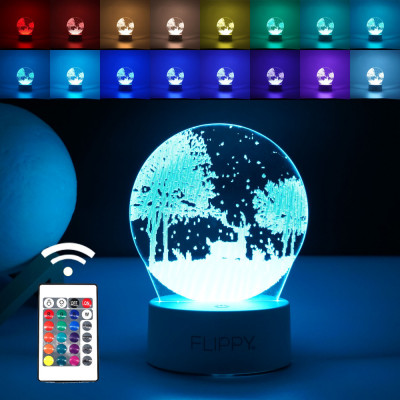 Lampa LED decorativa, Flippy, 3D, Peisaj de iarna, cu telecomanda, doua moduri de alimentare USB si baterii, 20 cm inaltime, din material acril si lum foto