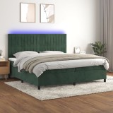 vidaXL Pat cu arcuri, saltea și LED, verde &icirc;nchis, 200x200 cm, catifea