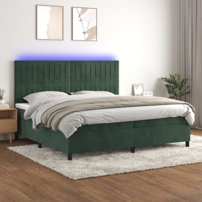 vidaXL Pat cu arcuri, saltea și LED, verde &amp;icirc;nchis, 200x200 cm, catifea 3136266 foto
