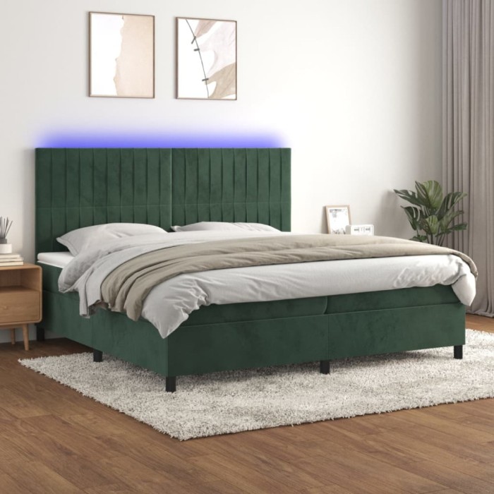 vidaXL Pat cu arcuri, saltea și LED, verde &icirc;nchis, 200x200 cm, catifea 3136266