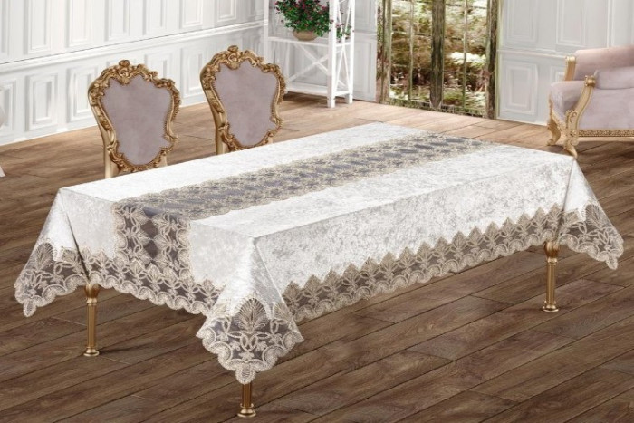 Față de masă Haspen cu broderie inserata, dimensiune 160x220cm, model Sarmasik Cream