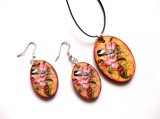 set bijuterii lemn cu flori roz 40455