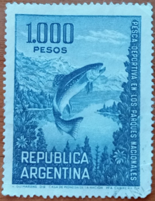 ARGENTINA-1968-&#039;&#039;PESCUITUL SPORTIV&#039;&#039;-Timbru f vechi&#039;&#039;--1 VAL-CAT. Yvert=9e!!NESTAMPIL.-VEZI SCAN