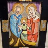 Icoana moderna- HOLY FAMILY-unicat, elemente foita aur, rama lemn