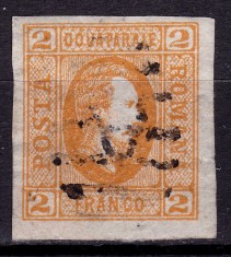 ✅ RO 1865 ,LP 15 c ,&quot;Al.-Ioan Cuza in oval &quot;, 2 par portocaliu / hartie vargata , original / stampila ciudata /falsa