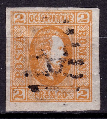 ✅ RO 1865 ,LP 15 c ,&amp;quot;Al.-Ioan Cuza in oval &amp;quot;, 2 par portocaliu / hartie vargata , original / stampila ciudata /falsa foto