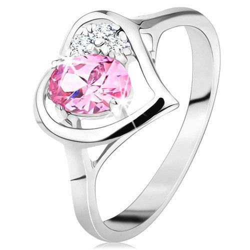 Inel de culoare argintie, contur &icirc;n formă de inimă cu un zirconiu oval roz și cu zirconii transparente - Marime inel: 50