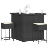 VidaXL Set mobilier bar de grădină cu perne, 3 piese, negru, poliratan
