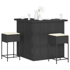 vidaXL Set mobilier bar de gradina cu perne, 3 piese, negru, poliratan foto