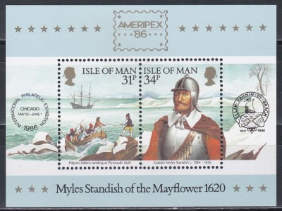 Isle of Man 1986 - Căpitanul Myles Standish și călătoria navei Mayflower,Colita, MNH foto