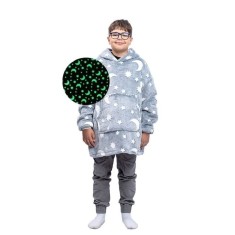 Patura cu maneci, tip hanorac lung, pentru copii/adulti, cu stelute FLUORESCENTE, din fleece captusit cu blana, cu buzunare, mansete si gluga, gri