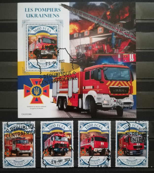 BC748, Rep.Centrafricana 2022, set colita+serie-masini de pompieri Ucraina
