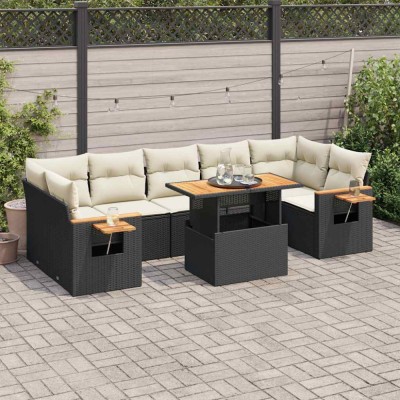 vidaXL Set mobilier grădină perne 8 piese negru, poliratan/lemn acacia 3327570 foto