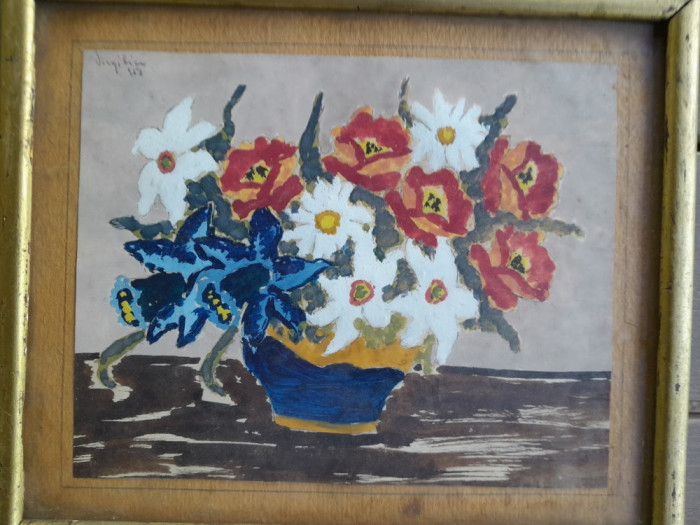 Tablou vechi flori, 1953, semnat, sticla, 20 x 24 cm cu tot cu rama, romanesc