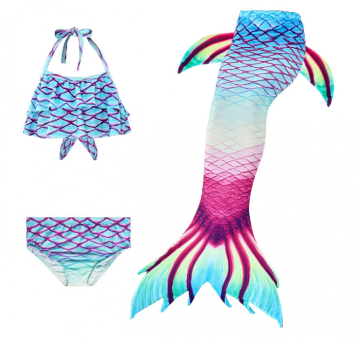 Costum de baie Model Sirena cu 3 piese, Albastru/Visiniu, 130 cm