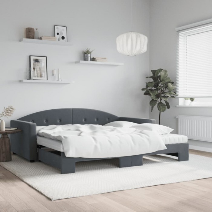 vidaXL Pat de zi cu extensie și saltele, gri &icirc;nchis 100x200 cm catifea 3197333