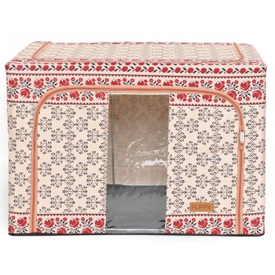 Cutie de Depozitare Pliabila, Flippy, 66 L din Bumbac si In, 52 x 42 x 39 cm, Fereastra Frontala, 2 Usi de Acces cu Fermoar Bidirectional, Cadru Metal foto
