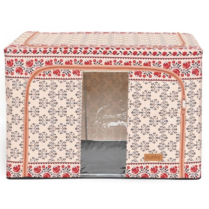 Cutie de Depozitare Pliabila, Flippy, 66 L din Bumbac si In, 52 x 42 x 39 cm, Fereastra Frontala, 2 Usi de Acces cu Fermoar Bidirectional, Cadru Metal