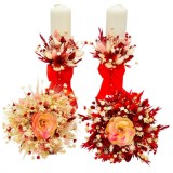 Set lumanari personalizabile, alb-rosu, pentru nunta sau botez cu aranjament frontal cu trandafir criogenat si plante naturale uscate, 40 cm, Eventissimi&reg;
