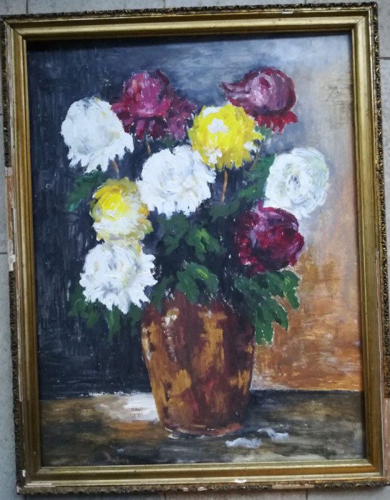 tablou mare Vas cu flori, ulei pe carton, 65x50, cu rama usor deteriorata