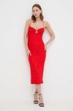 Bardot rochie culoarea rosu, midi, mulată