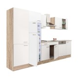 Mobilă de bucătărie Yorki 340 cu corp din stejar sonoma, față albă satinată, dulap cu rafturi și frigider cu congelator superior