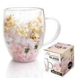 Cana 300 ml din sticla borosilicata, pereti dubli, model flori roz-galbene, in cutie cadou, JollyMag, SZK207