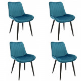 Set 4 scaune bucatarie/living, Jumi, Viva, catifea, metal, albastru marin, 54x61x83 cm