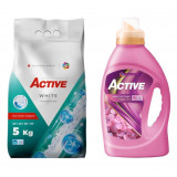 Detergent pudra pentru rufe albe Active, sac 5kg, 68 spalari + Balsam de rufe Active Happy Day, 1.5 litri, 60 spalari