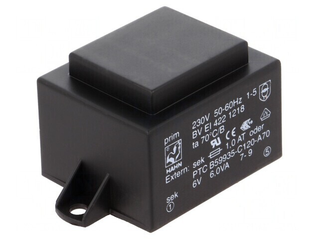 Transformator &icirc;ncapsulat 6VA 230VAC 6V 1A PCB
