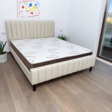 Cumpara ieftin Set pat dublu Erzon, elemente lemn masiv, tapitat cu stofa, cu somiera, crem si saltea ortopedica Optima Bamboo, margine antilasare, banda aerisire, 1