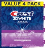 Set de 4 paste de dinți Crest 3D White Advanced Luminous Mint, albire și protecția smalțului, 4 &times; 104 g