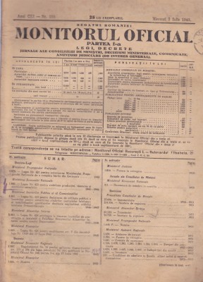 MONITORUL OFICIAL - PARTEA I a LEGI DECRETE, 1943, Nr.155 foto