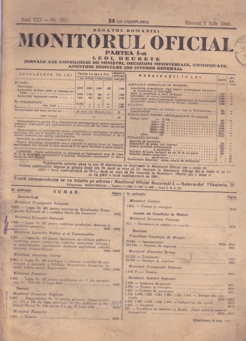 MONITORUL OFICIAL - PARTEA I a LEGI DECRETE, 1943, Nr.155