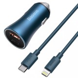 INCARCATOR auto Baseus Golden Contactor,1xUSB Output 5V/3A,1xUSB Type-C Output 5V/3A total 40W,cablu USB Type-C la Lightning,1m,pt. bricheta auto,blue