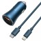 INCARCATOR auto Baseus Golden Contactor,1xUSB Output 5V/3A,1xUSB Type-C Output 5V/3A total 40W,cablu USB Type-C la Lightning,1m,pt. bricheta auto,blue