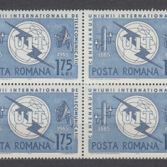 ROMANIA 1965 LP 607 CENTENARUL U. I. T. BLOC DE 4 TIMBRE MNH